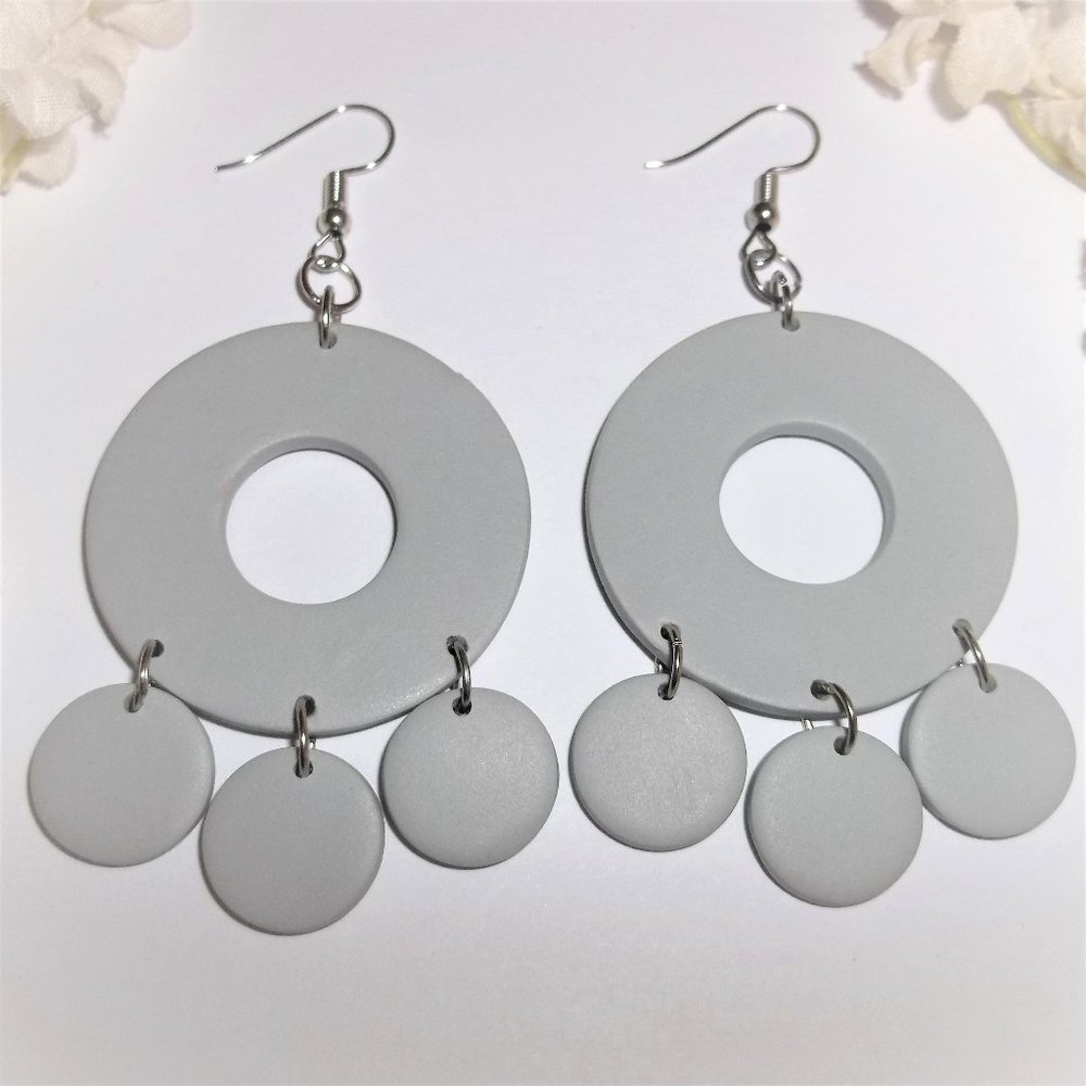 Earrings Gray Dark Silver Statement Circle Chande… - image 1